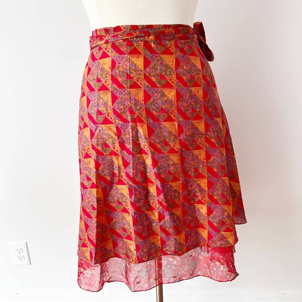 Pure Silk India Layered Wrap Midi Skirt Red Plus Size Large Bright Vibrant - Picture 6 of 7